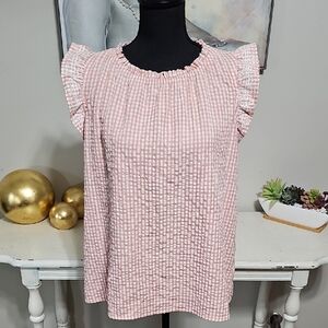 🌸 Washco Apparel Pink Gingham Seersucker Eyelet Ruffle Blouse M
